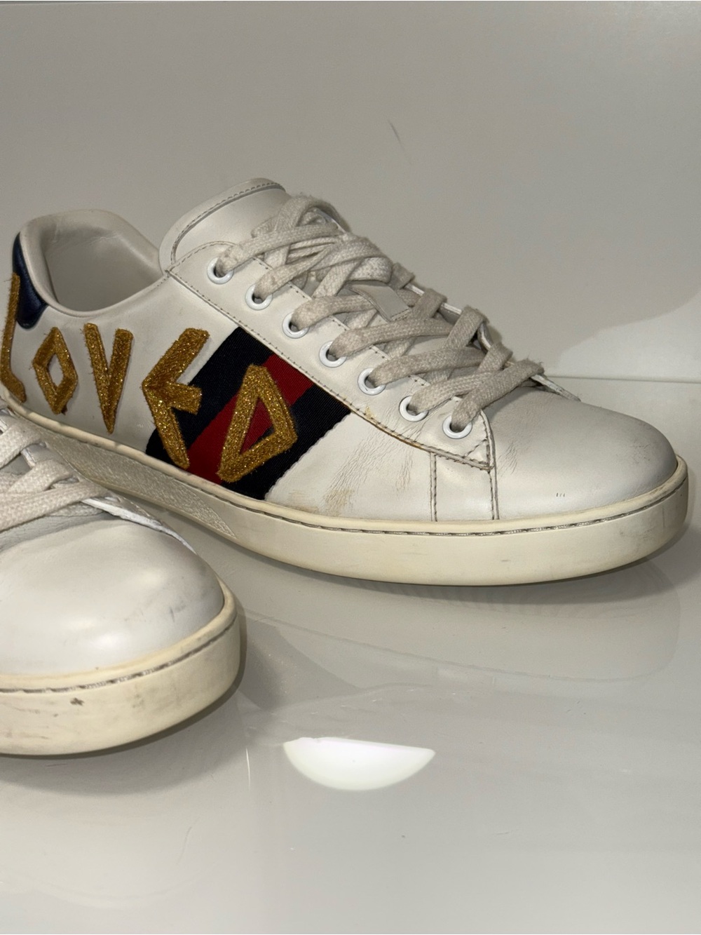 Gucci White Leather 'Loved' Sneakers with Red, Blue & Gold Accents - Picture 10 of 17